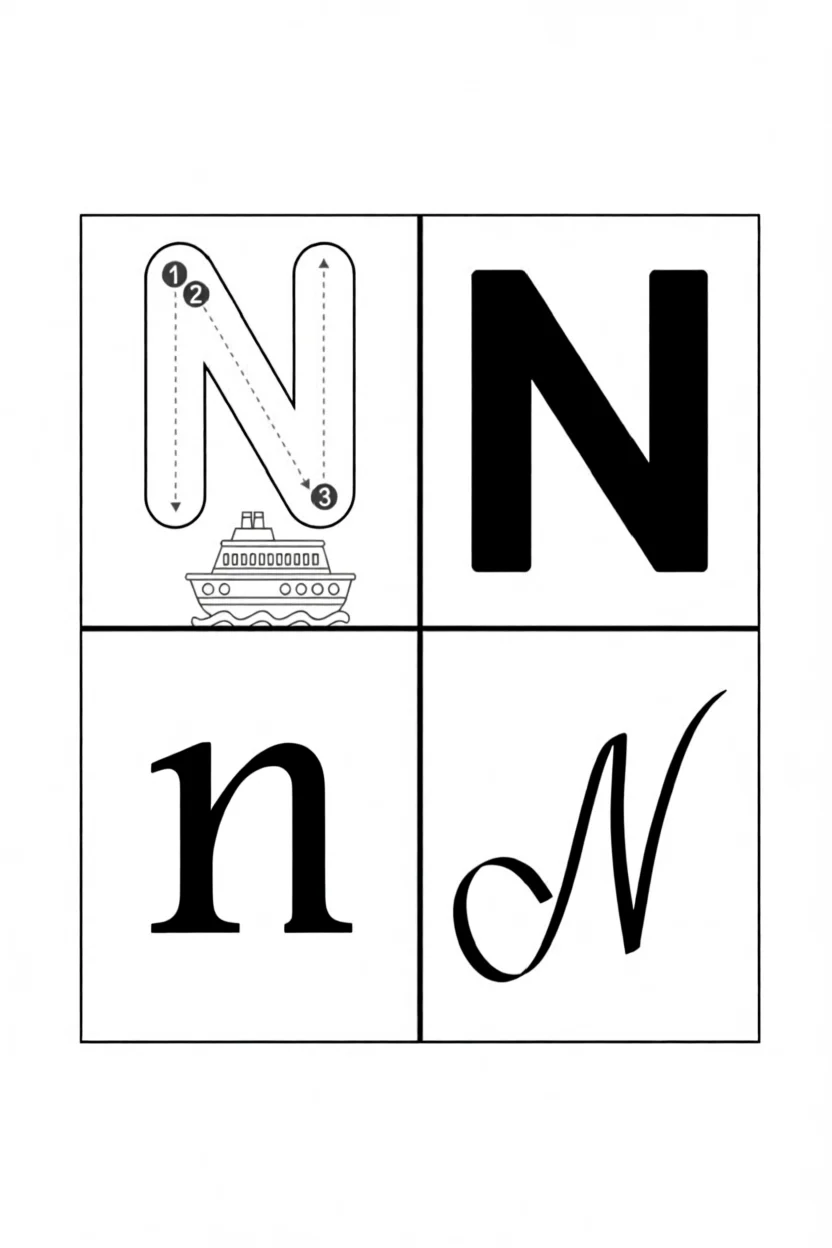 Alfabeto Ilustrado da Letra N Para Imprimir