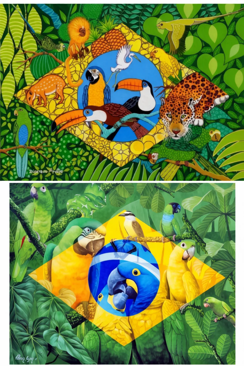 Desenho da Bandeira do Brasil com Animais para Imprimir