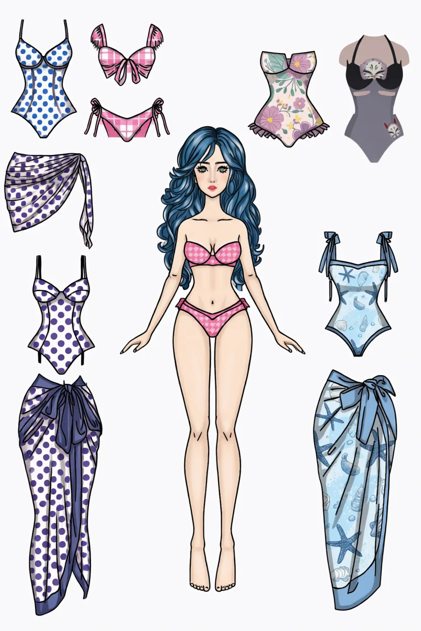 Boneca de Papel para Imprimir com Roupas de Banho e Acessu00f3rios