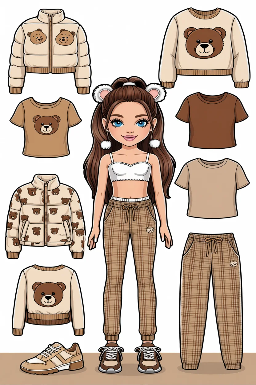 Boneca de Papel para Imprimir com Roupas de Urso e Acessu00f3rios