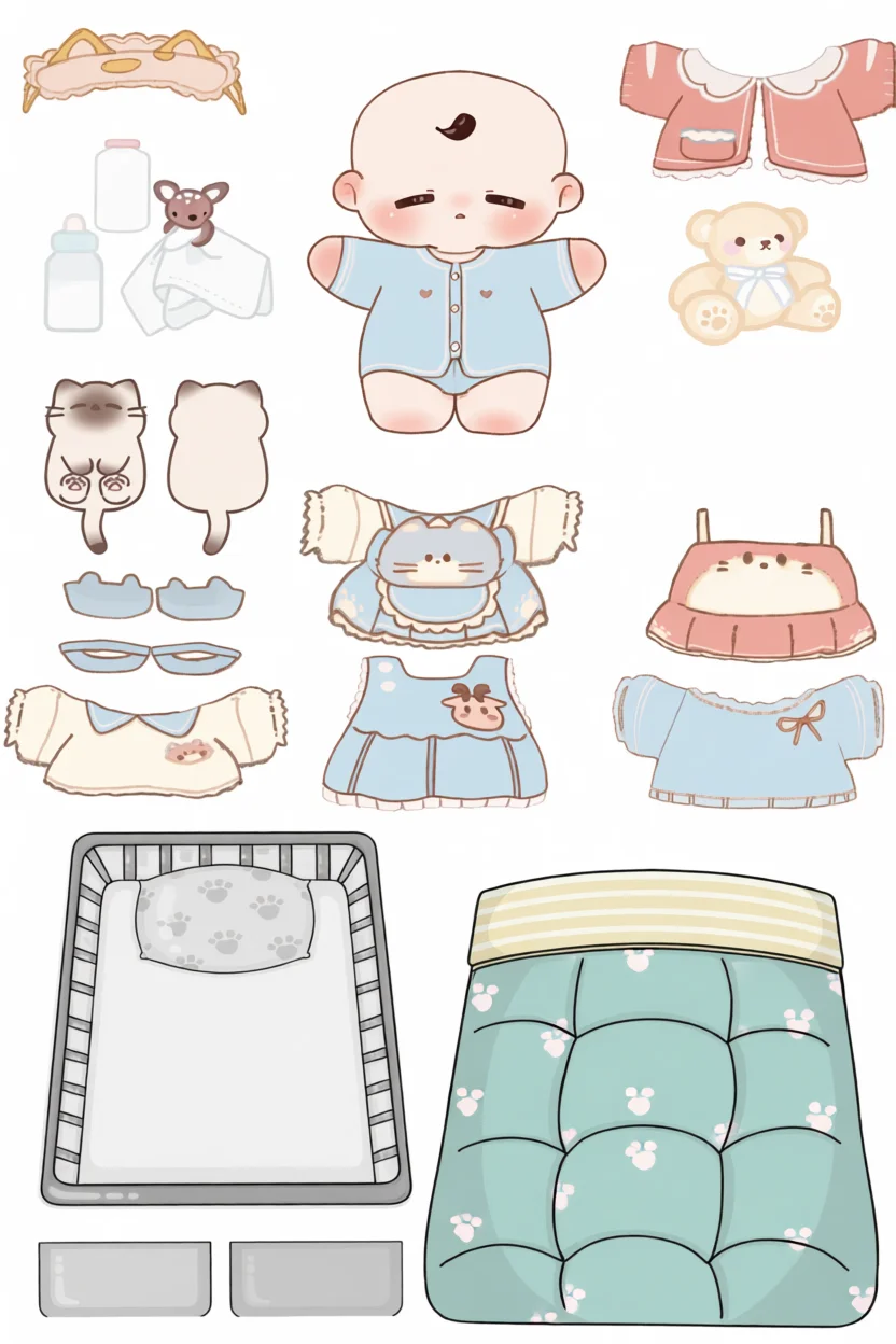 Boneca de Papel para Imprimir com Roupas de Bebu00ea e Acessu00f3rios