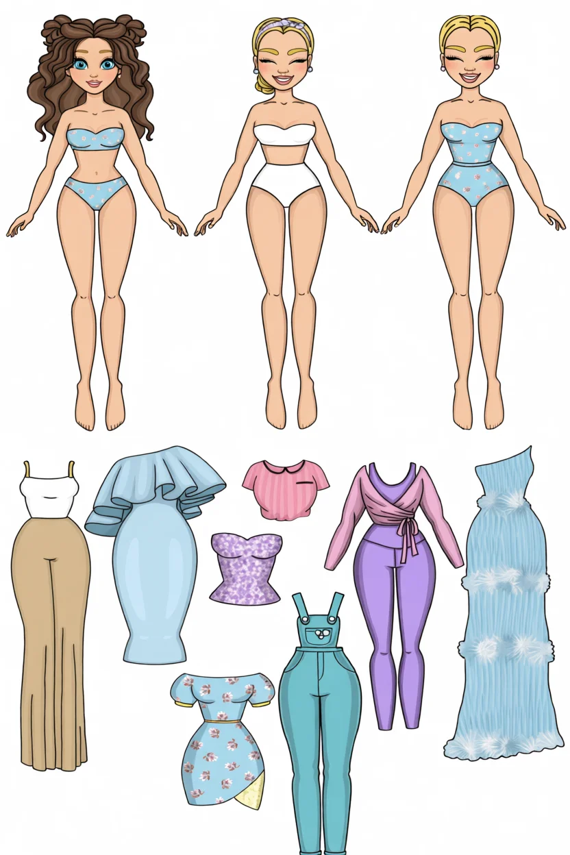 Bonecas de Papel para Imprimir com Roupas Variadas e Acessu00f3rios