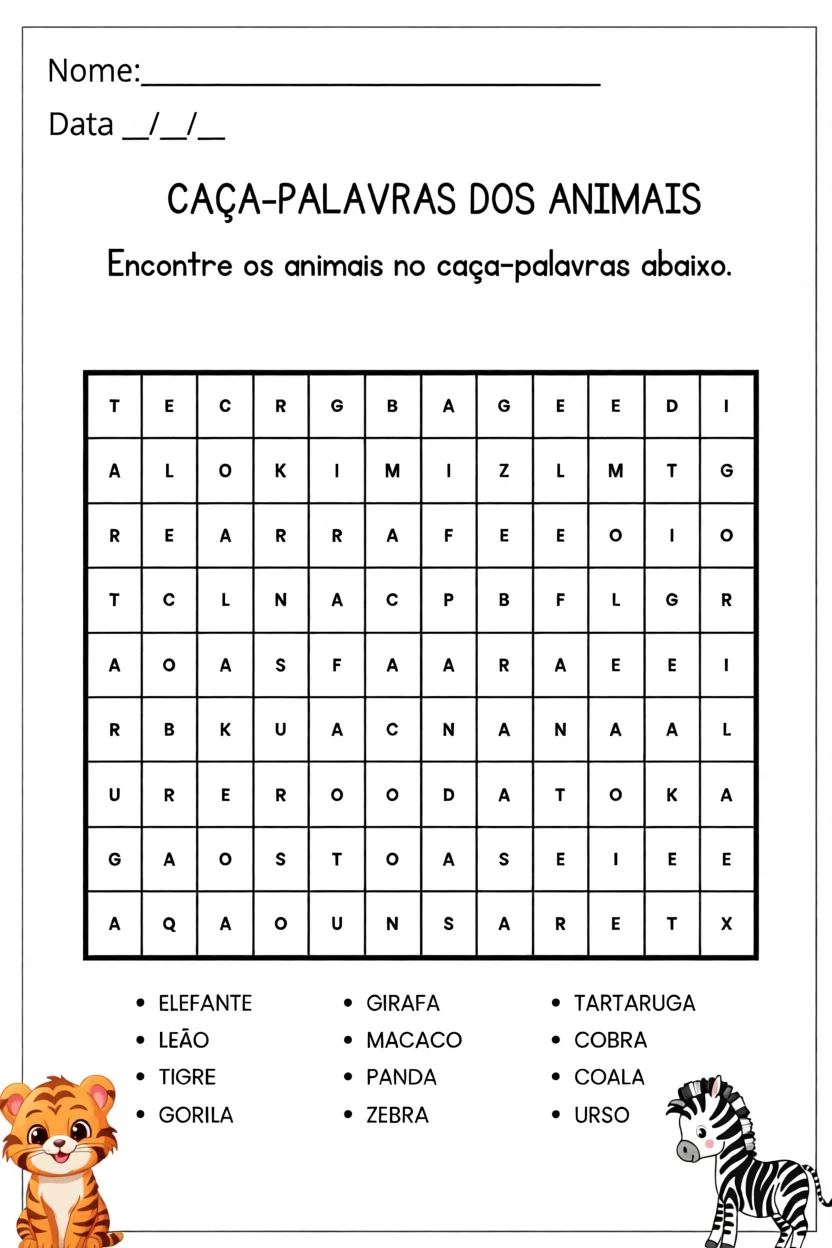 Cau00e7a Palavras dos Animais para Imprimir