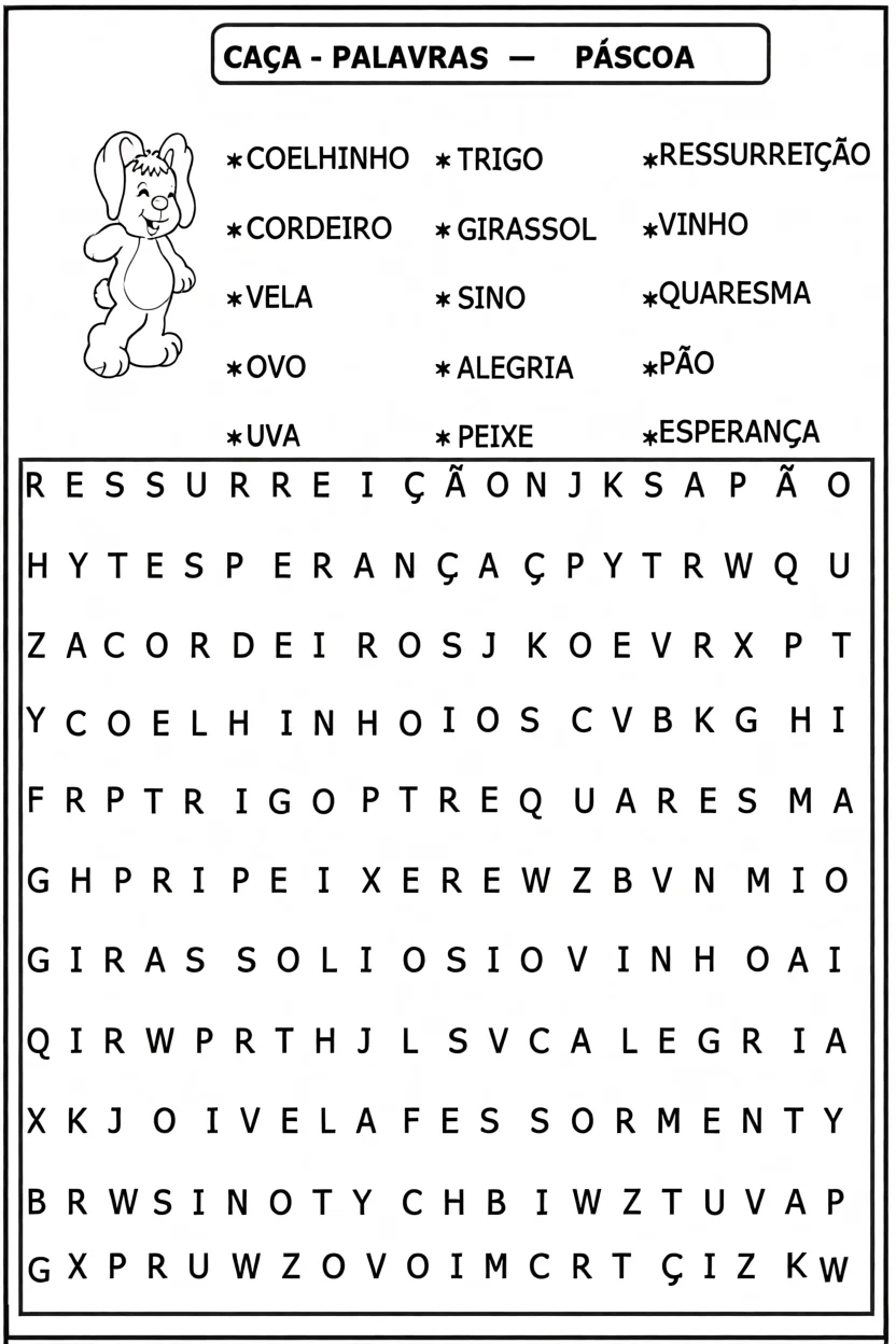 Cau00e7a Palavras de Pu00e1scoa Para Imprimir com Coelhinho