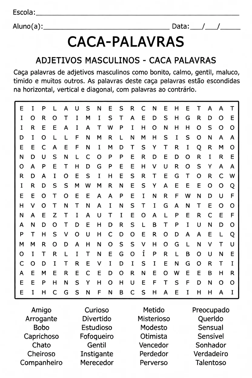 Cau00e7a Palavras de Adjetivos Masculinos para Imprimir