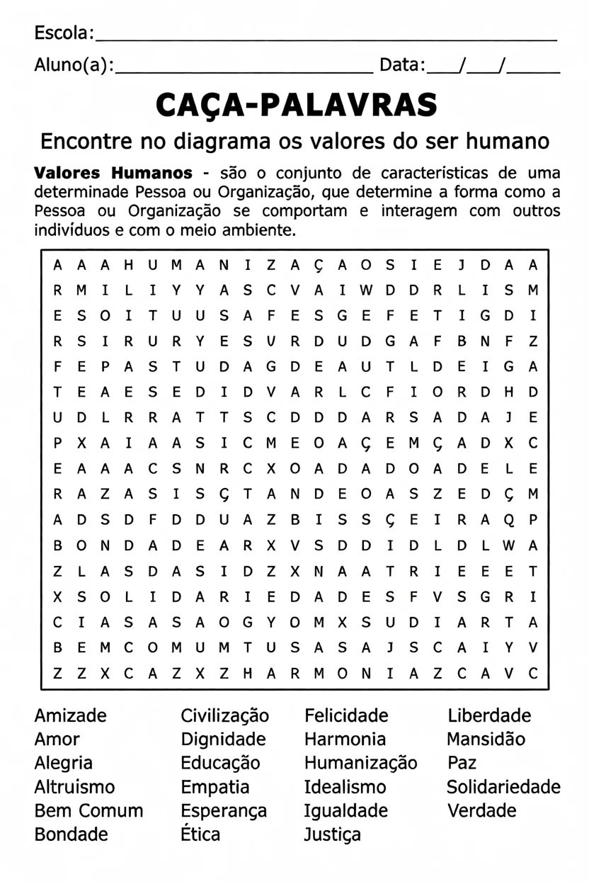 Cau00e7a Palavras para Imprimir com Valores Humanos