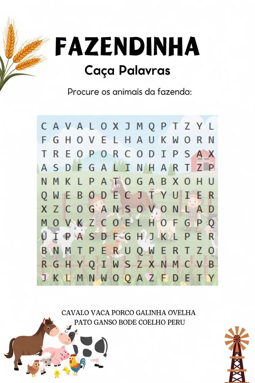Cau00e7a Palavras dos Animais da Fazenda para Imprimir