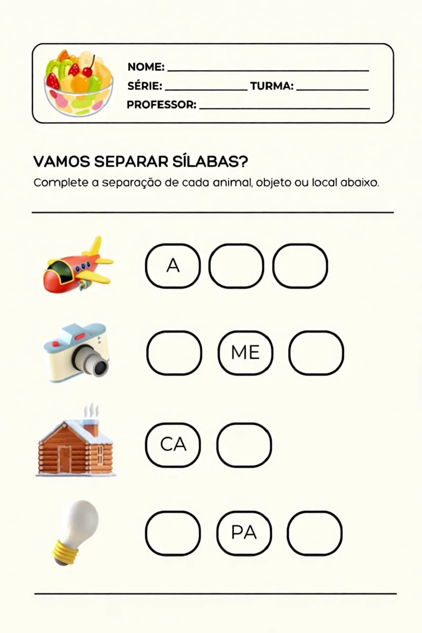 Atividade de Separau00e7u00e3o de Su00edlabas para Imprimir