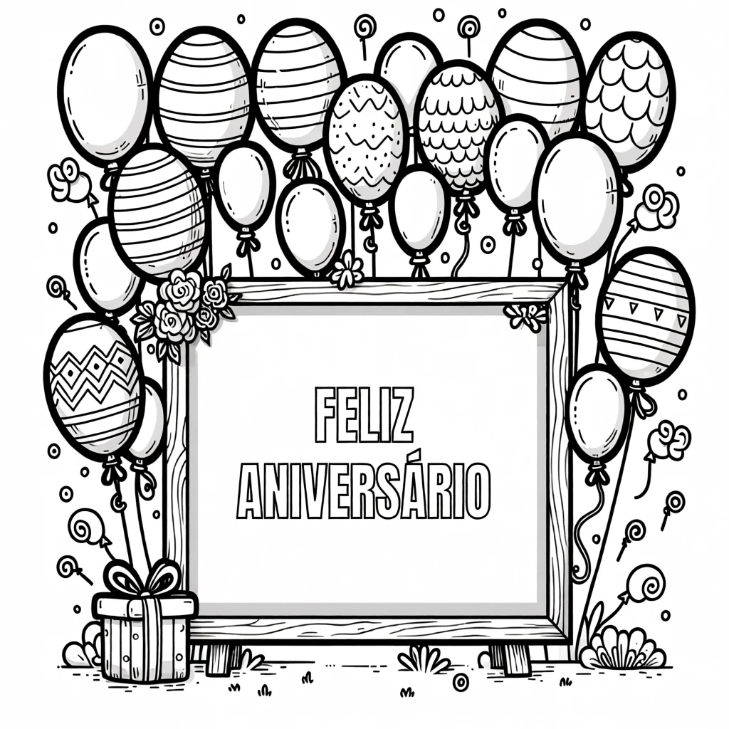 Cartu00e3o de Aniversu00e1rio Para Imprimir com Balu00f5es e Presente