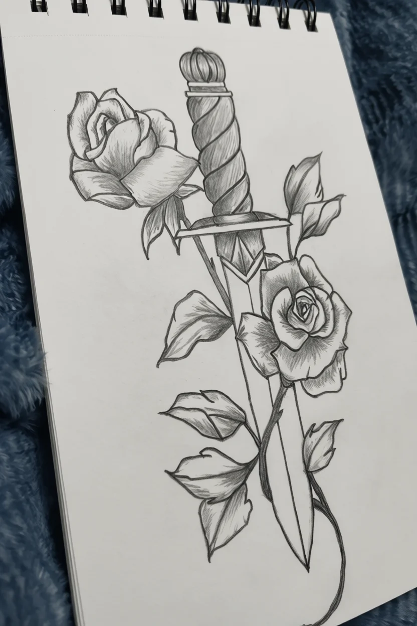 Desenho de Faca com Rosas para Desenhar no Caderno