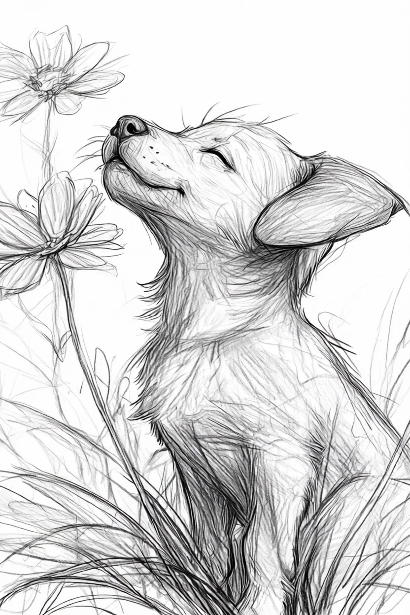 Desenho de Cachorro com Flores para Desenhar no Caderno