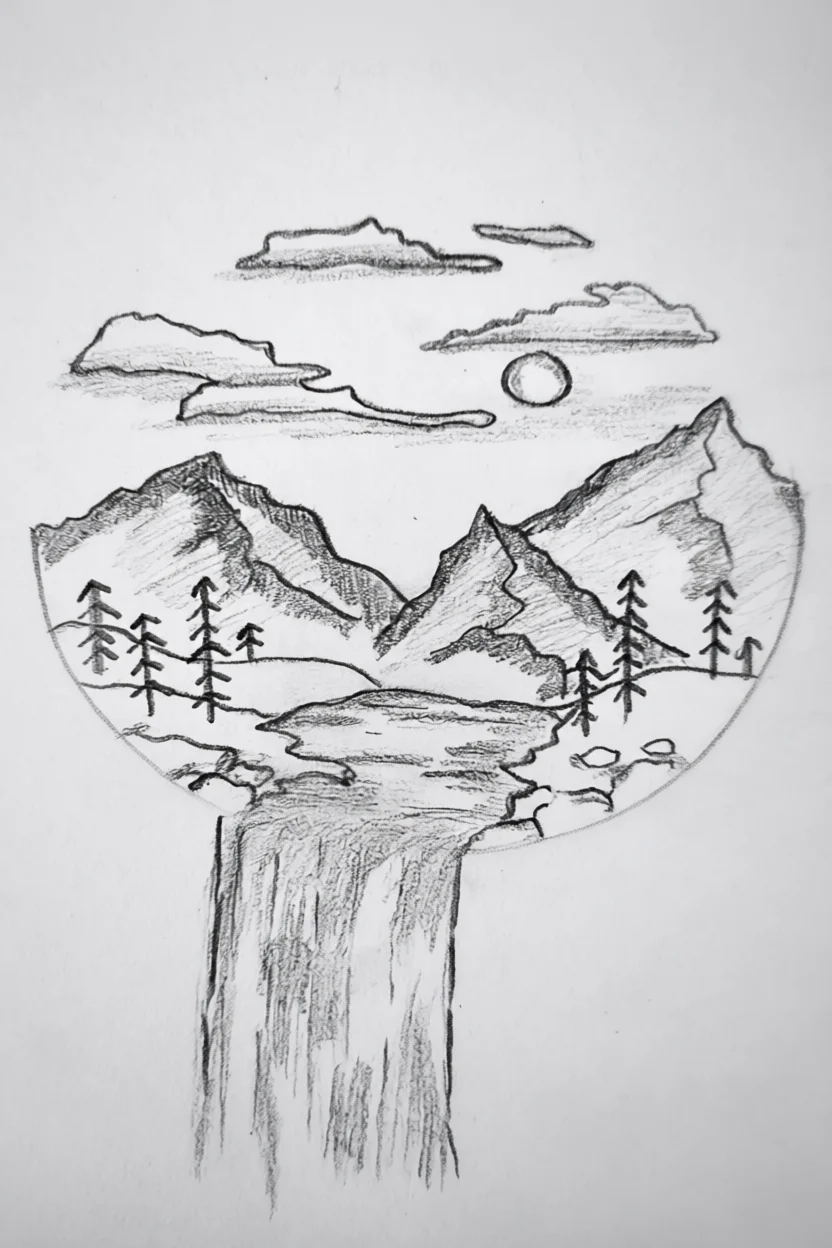 Desenho de Paisagem com Montanhas e Cachoeira para Colorir