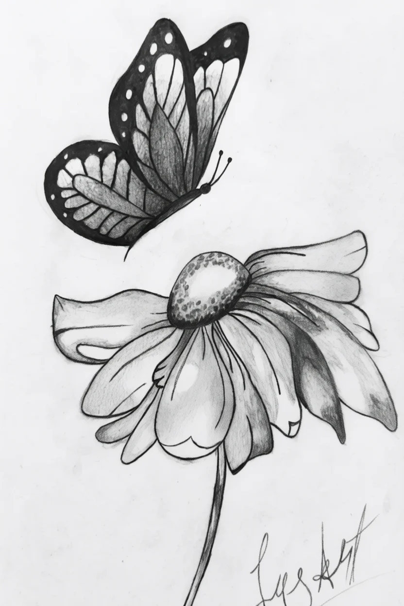 Desenho de Borboleta e Flor para Desenhar no Caderno