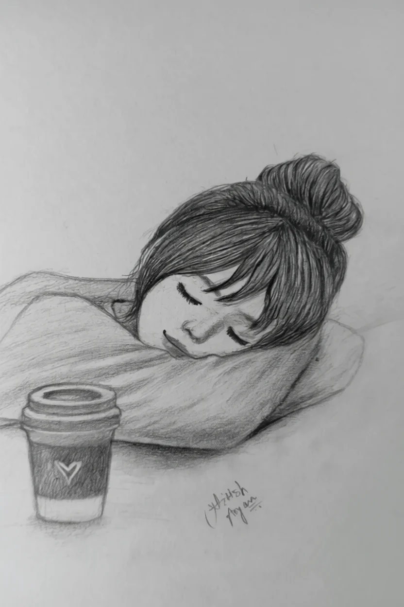Desenho de Garota Dormindo com Copo de Cafu00e9 para Colorir