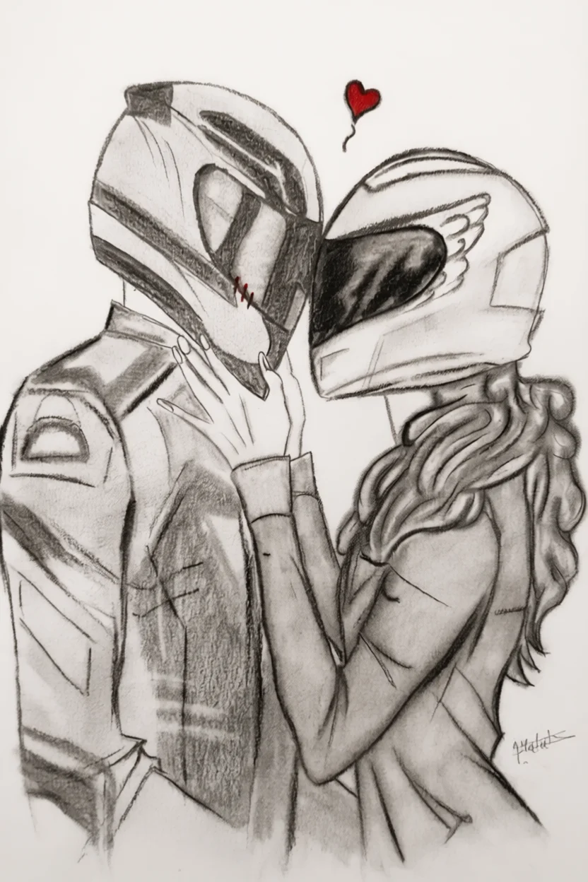Casal de Motociclistas com Capacetes se Beijando para Colorir