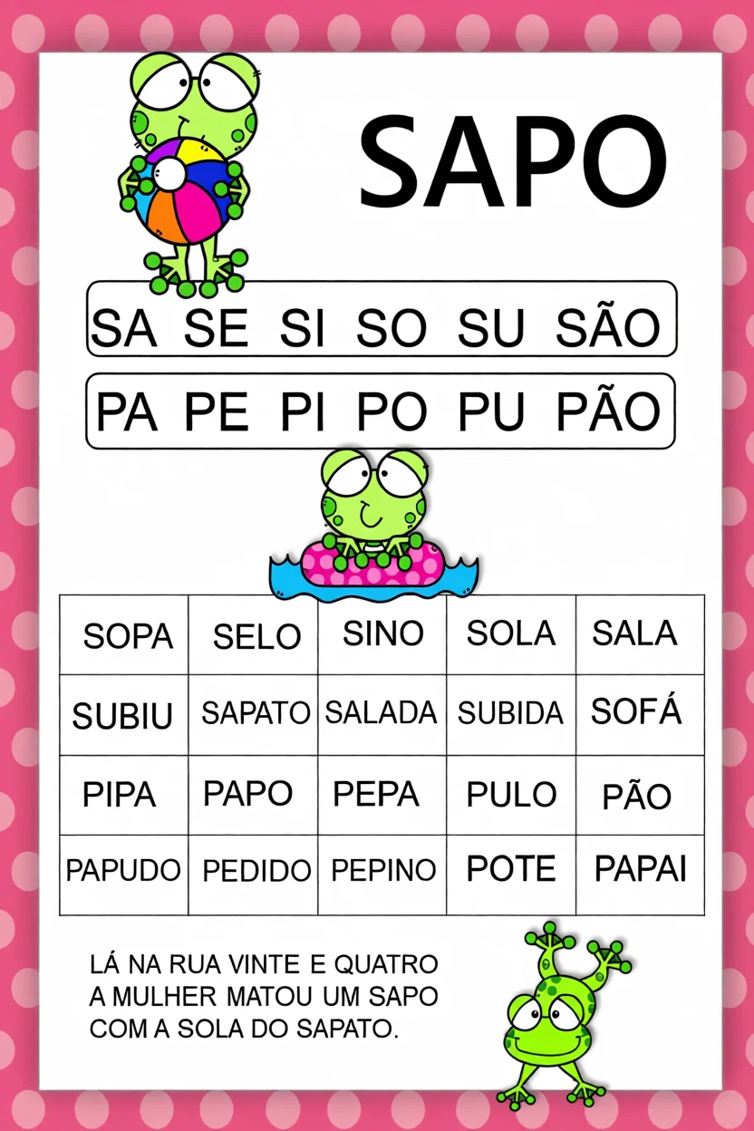 Fichas de Leitura com o Sapo para Imprimir