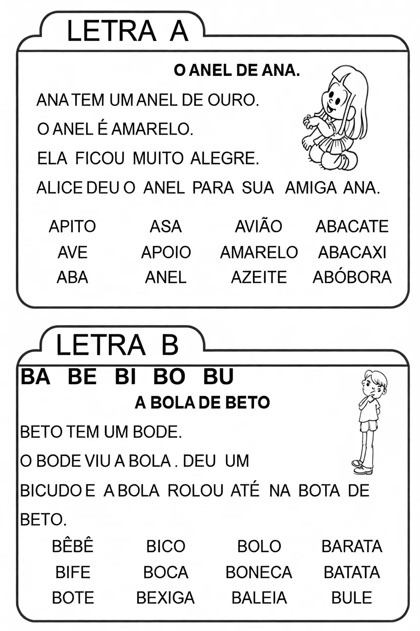 Fichas de Leitura para Imprimir: Letras A e B