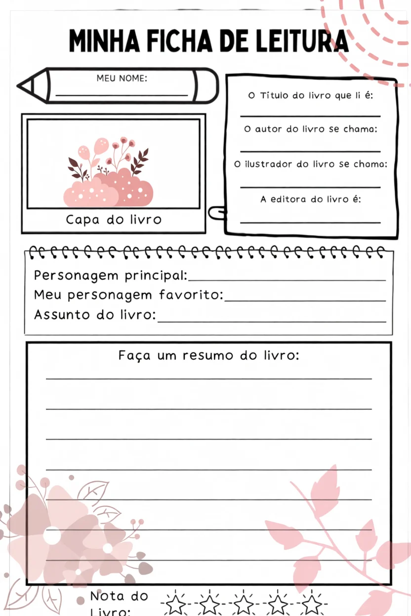 Ficha de Leitura Para Imprimir com Espau00e7os para Resumo e Informau00e7u00f5es do Livro