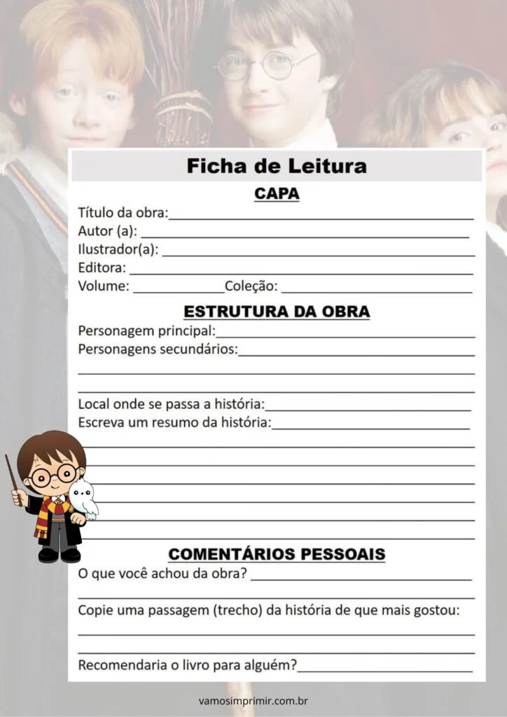 Ficha de Leitura Para Imprimir com Personagens de Harry Potter