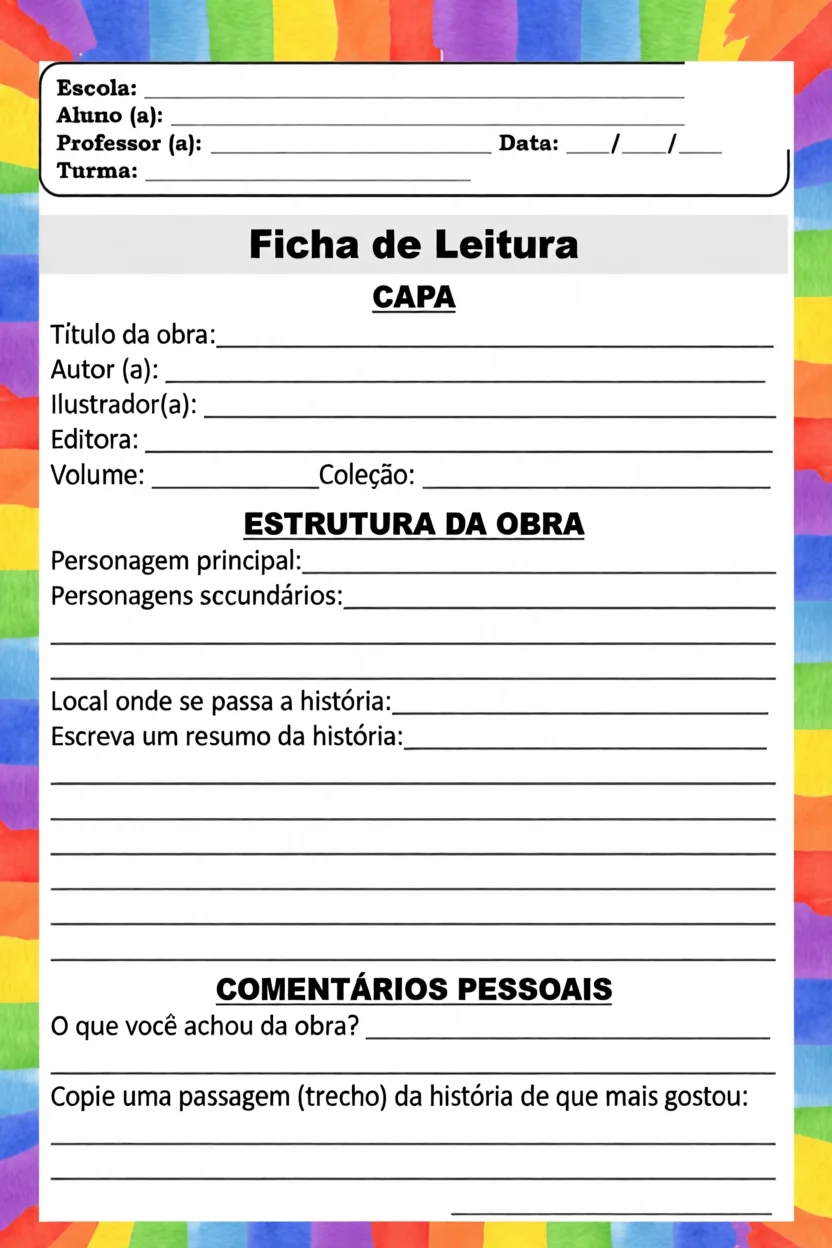 Ficha de Leitura Para Imprimir com Espau00e7os para Preencher