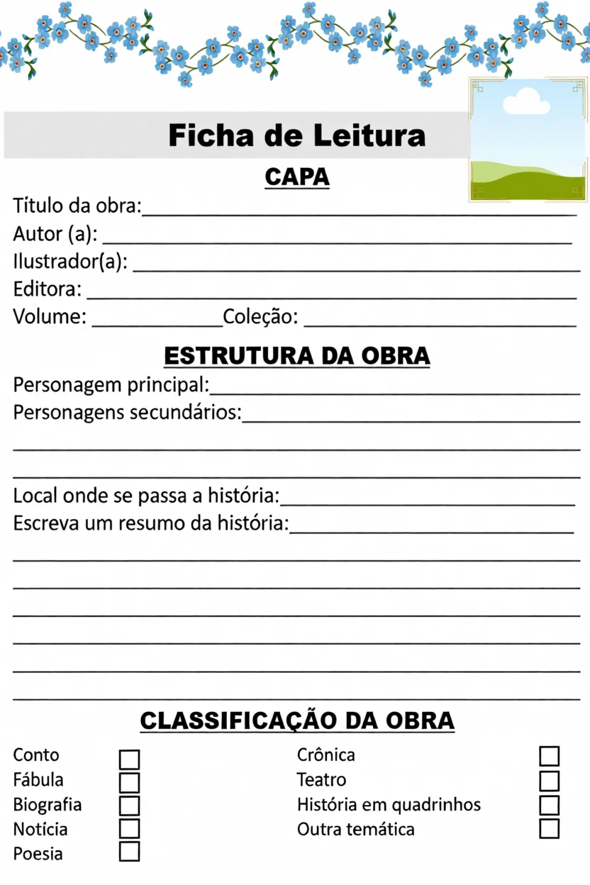 Ficha de Leitura Para Imprimir com Estrutura e Classificau00e7u00e3o da Obra