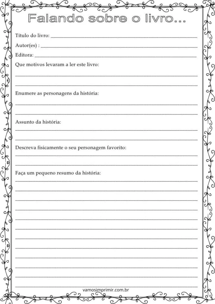 Fichas de Leitura Para Imprimir - Falando sobre o Livro