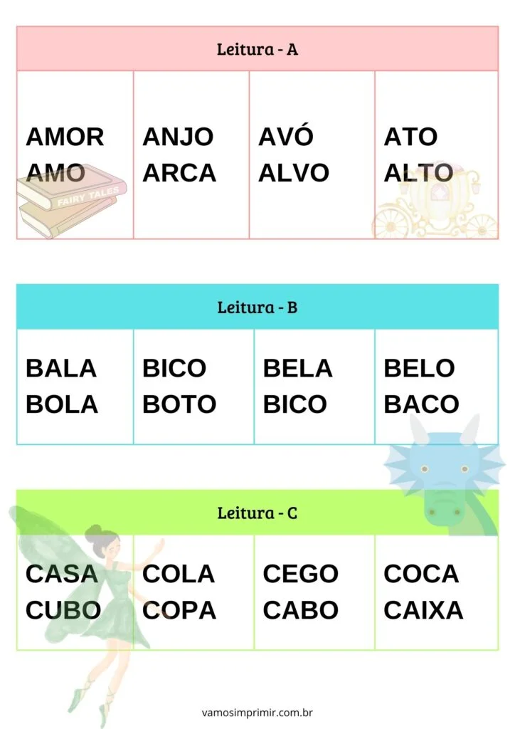 Fichas de Leitura Para Imprimir - Letras A, B e C