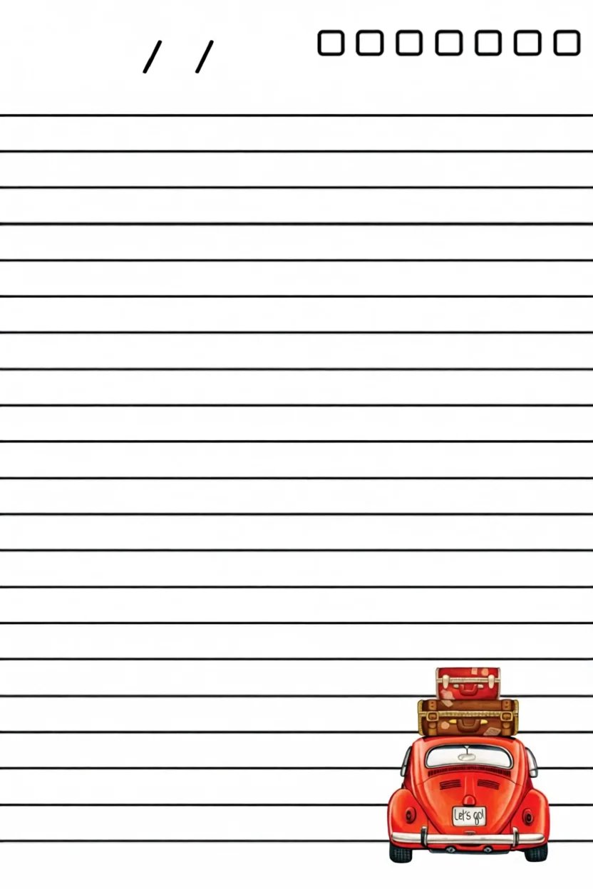 Folha com Linhas Para Imprimir com Carro Vermelho e Malas