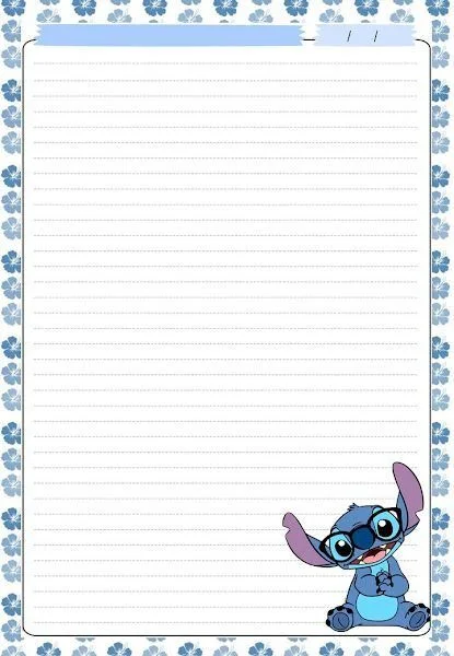 Folhas de Caderno Para Imprimir com Estampa de Flores e Stitch