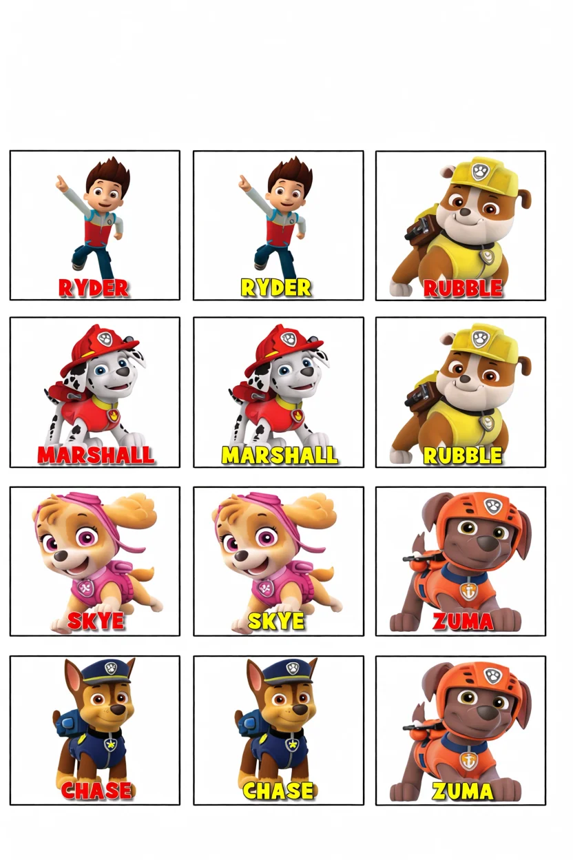 Jogo da Memu00f3ria para Imprimir com Personagens da Patrulha Canina