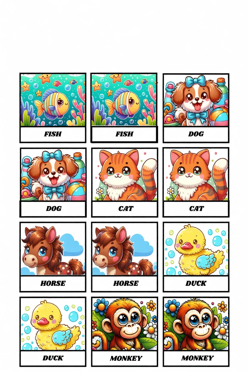Jogo da Memu00f3ria Para Imprimir com Animais em Inglu00eas