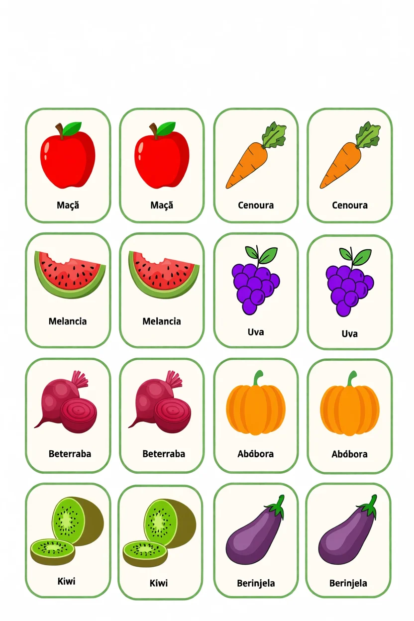 Jogo da Memu00f3ria de Frutas e Legumes Para Imprimir