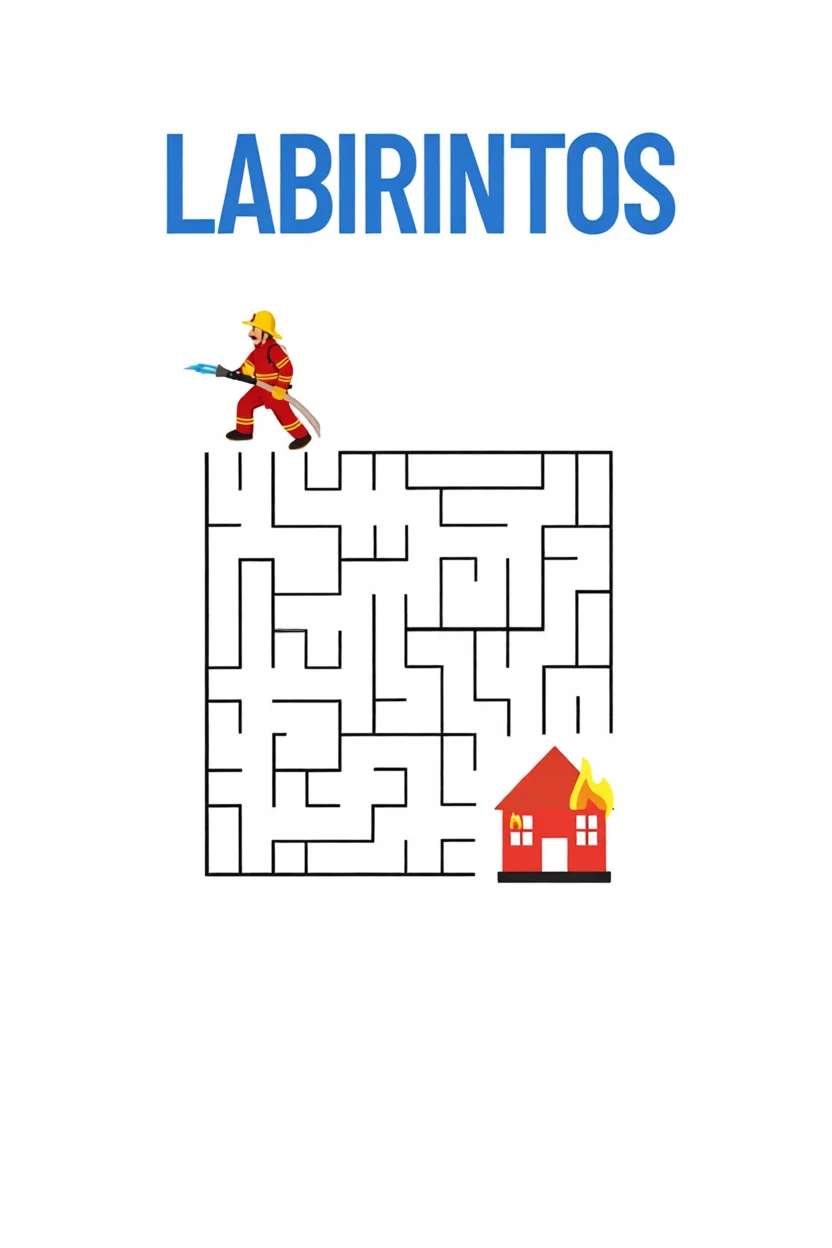 Labirintos Para Imprimir com Bombeiro e Casa