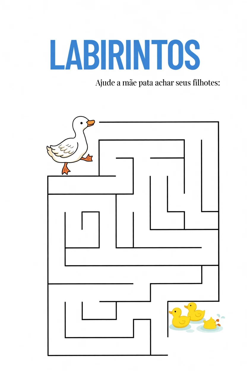 Labirintos Para Imprimir com Pato e Filhotes