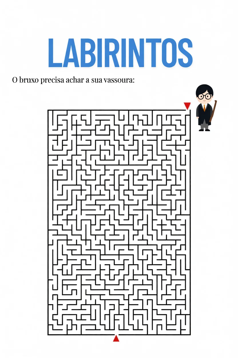 Labirintos Para Imprimir com Bruxo e Vassoura