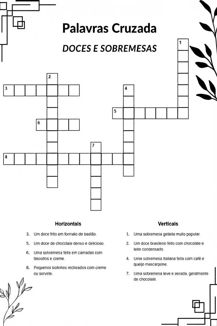 Palavras Cruzadas Para Imprimir sobre Doces e Sobremesas