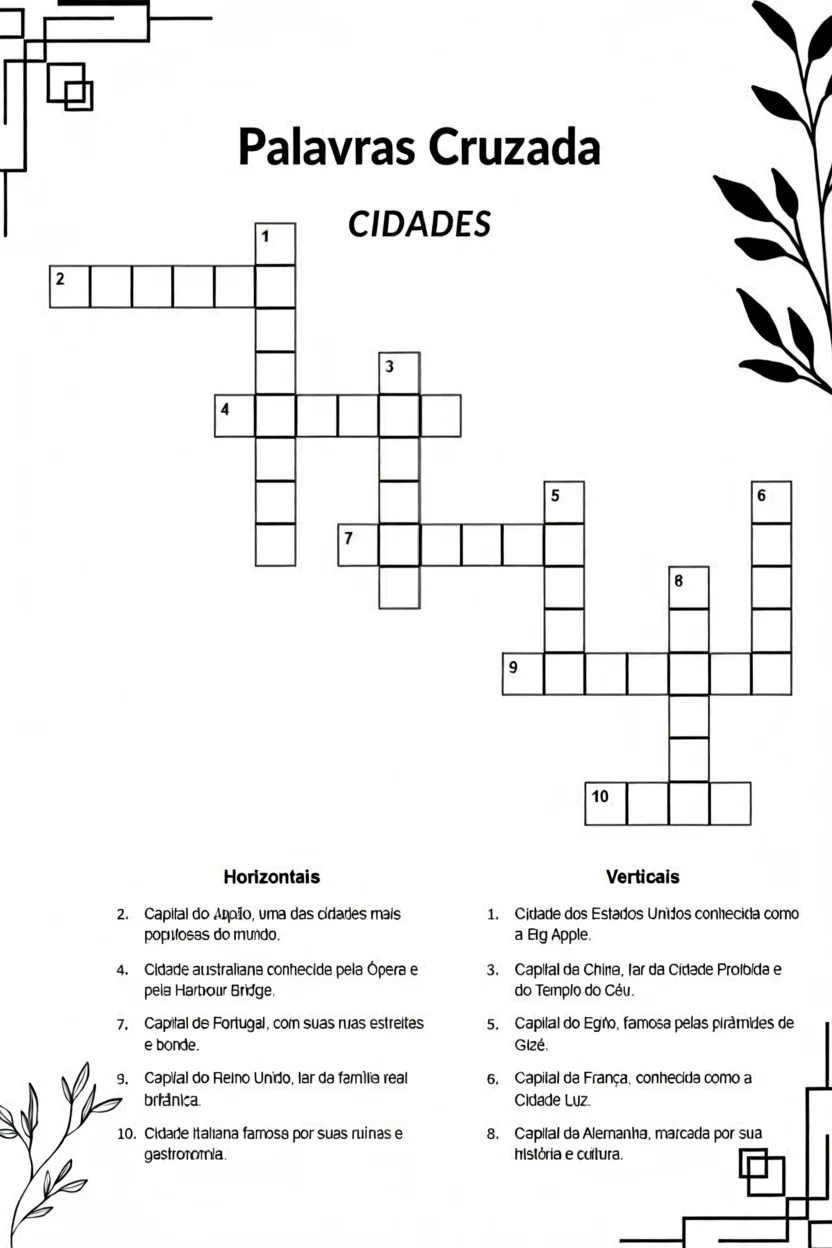 Palavras Cruzadas Para Imprimir - Cidades