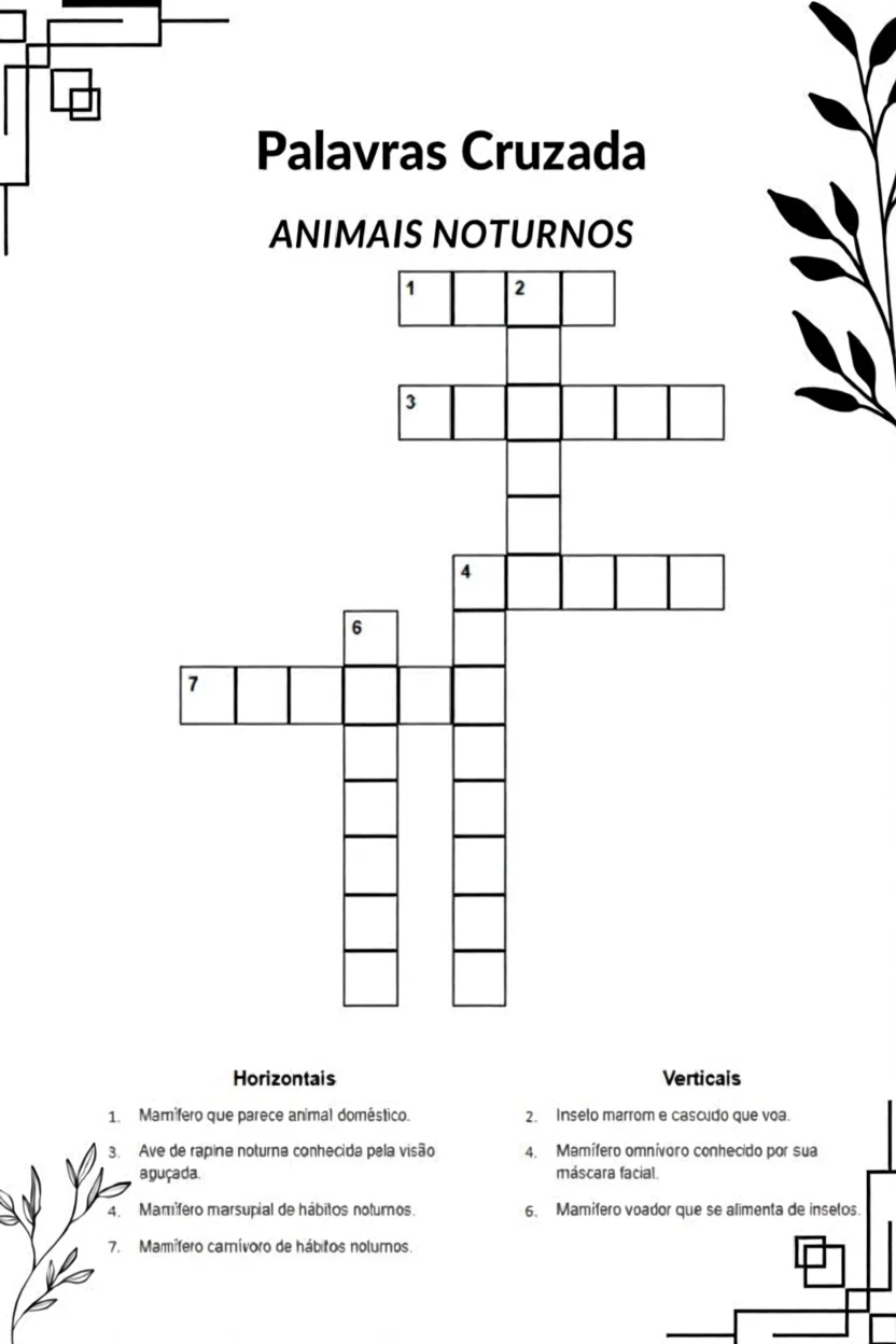 Palavras Cruzadas Para Imprimir sobre Animais Noturnos