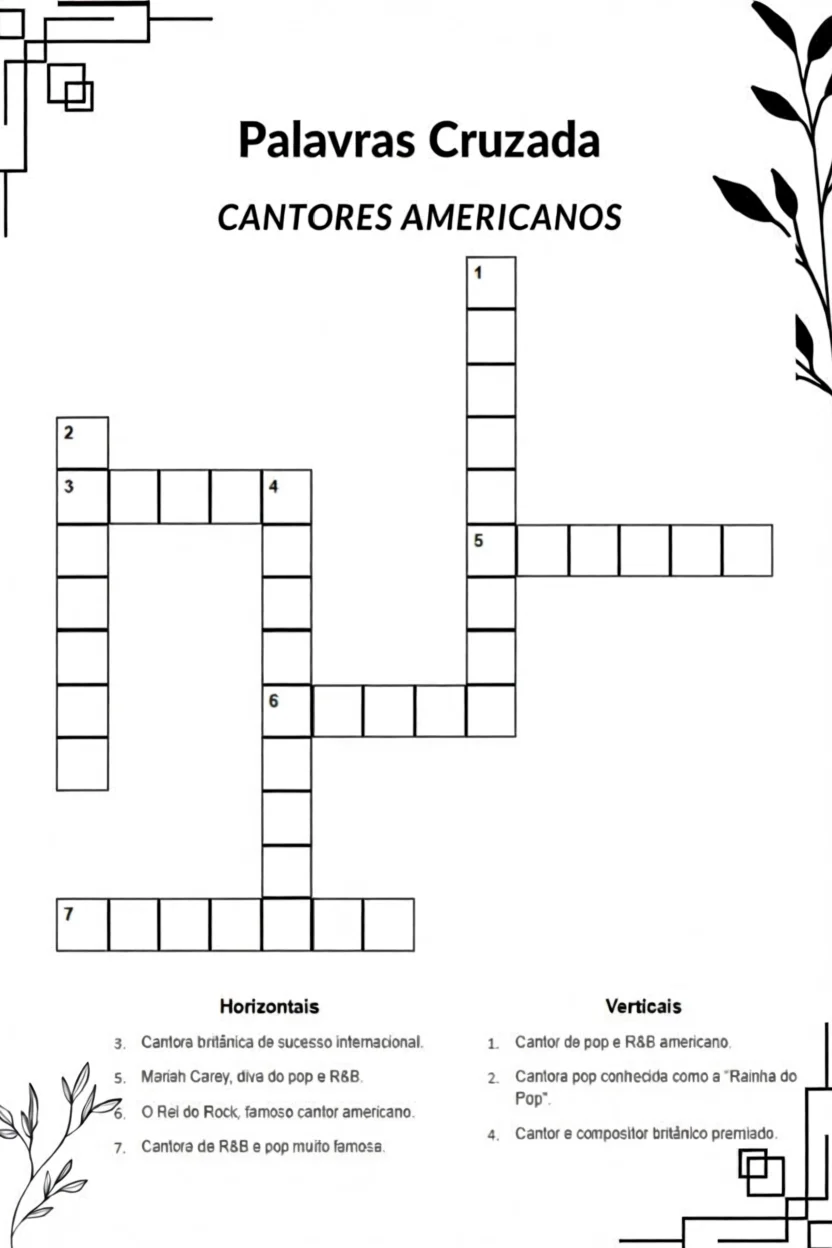 Palavras Cruzadas Para Imprimir - Cantores Americanos
