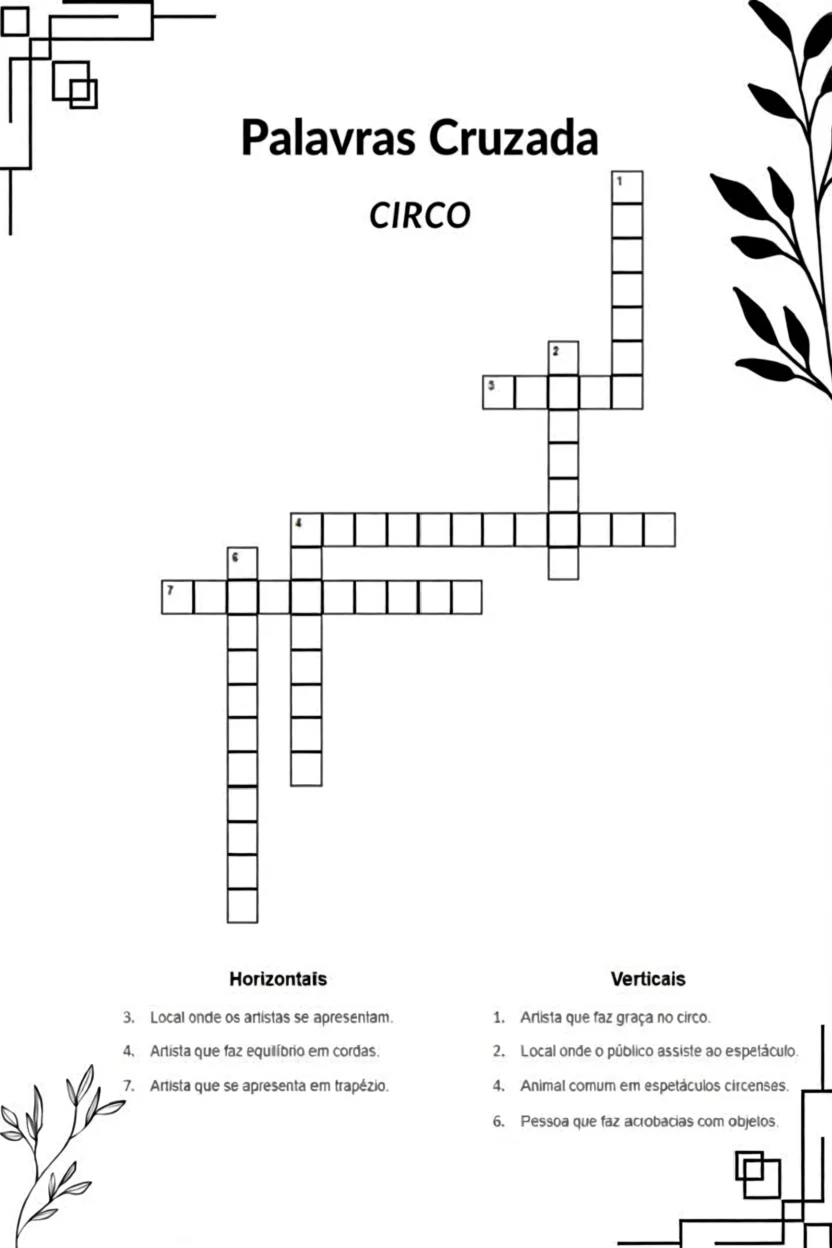 Palavras Cruzadas para Imprimir - Circo