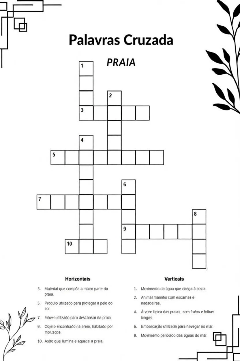 Palavras Cruzadas Para Imprimir com Tema Praia