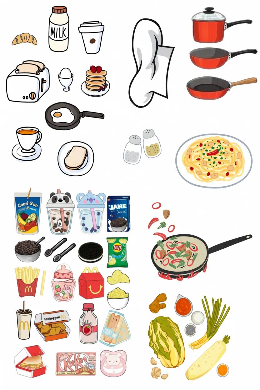 Utensu00edlios de Cozinha e Alimentos para Imprimir e Colorir