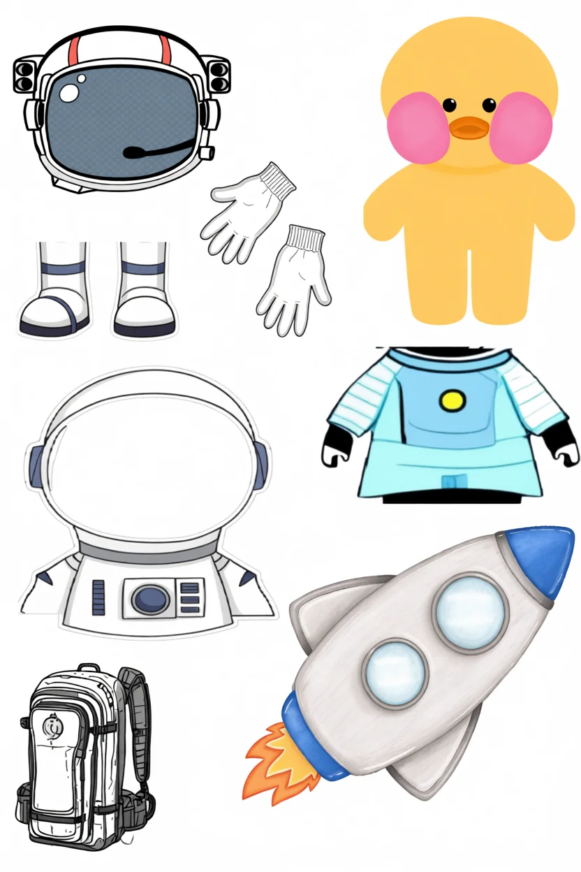 Pato de Papel para Imprimir com Roupas de Astronauta e Acessu00f3rios