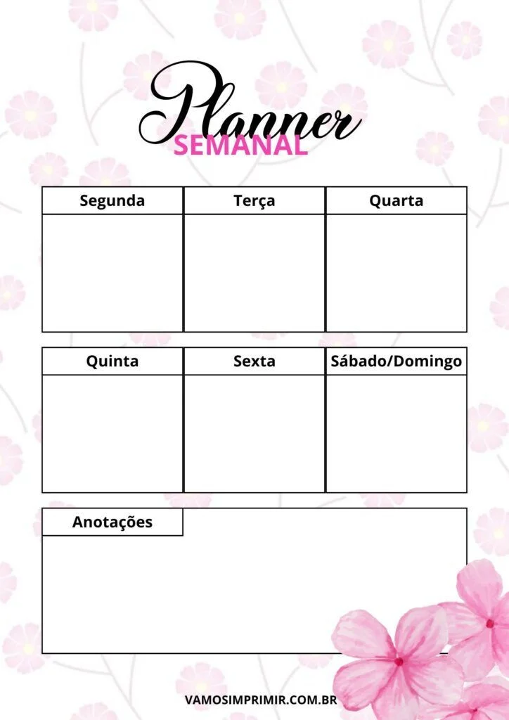Planner Semanal Para Imprimir com Flores Rosa