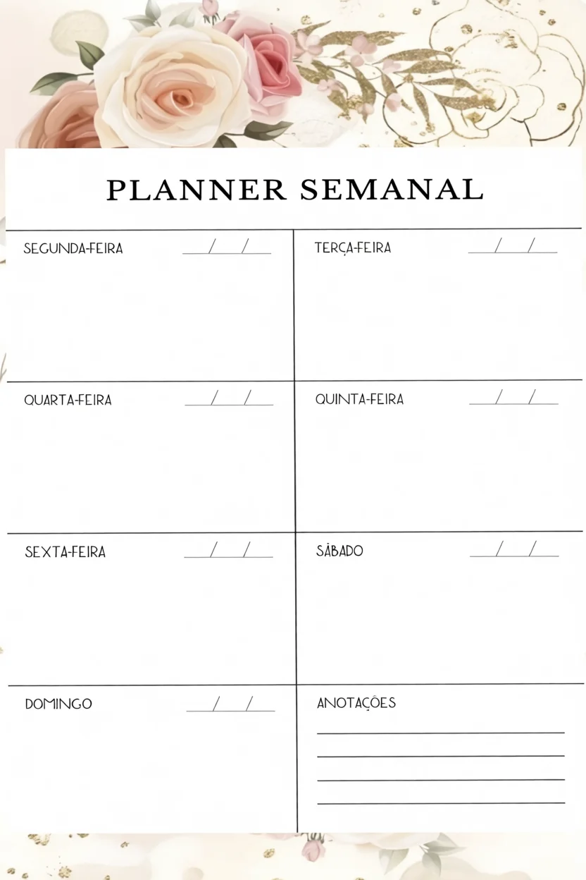 Planner Semanal para Imprimir com Rosas e Espau00e7os para Anotau00e7u00f5es