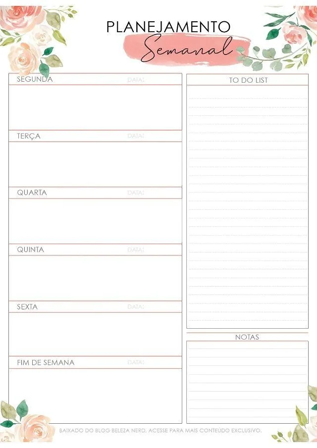 Planejamento Semanal Para Imprimir com Flores