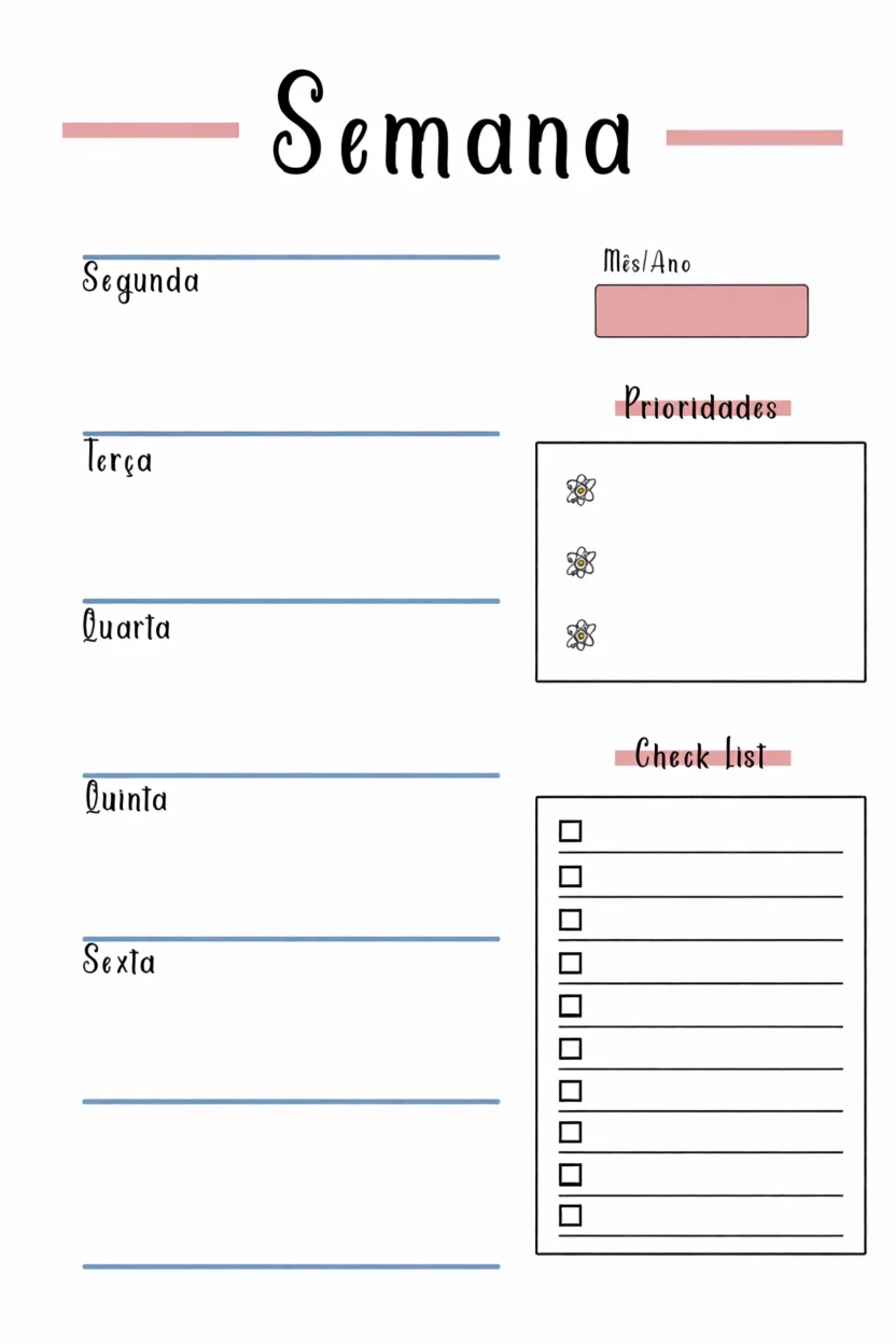 Planejador Semanal Para Imprimir com Seu00e7u00f5es para Prioridades e Check-list