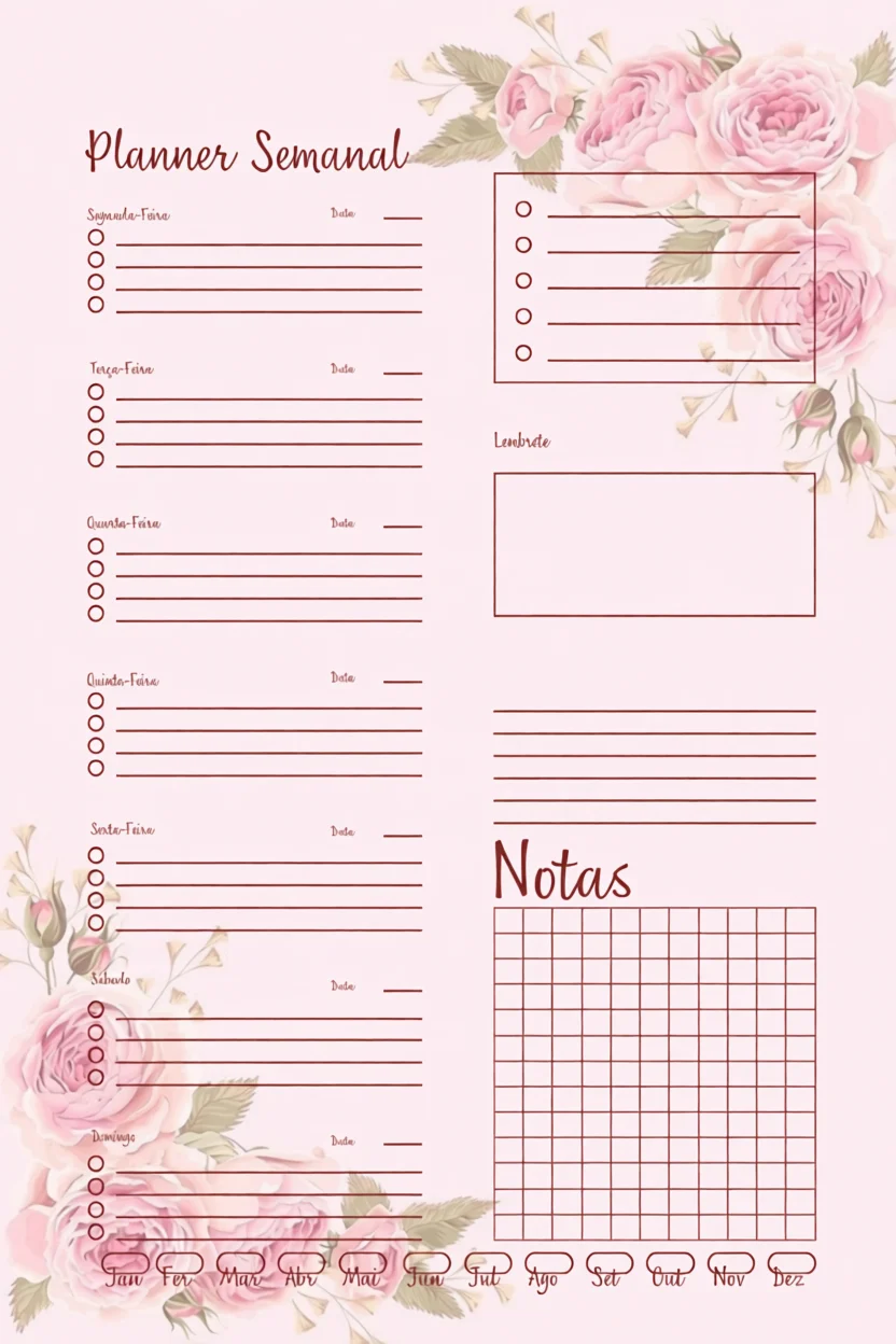 Planner Semanal Para Imprimir com Rosas