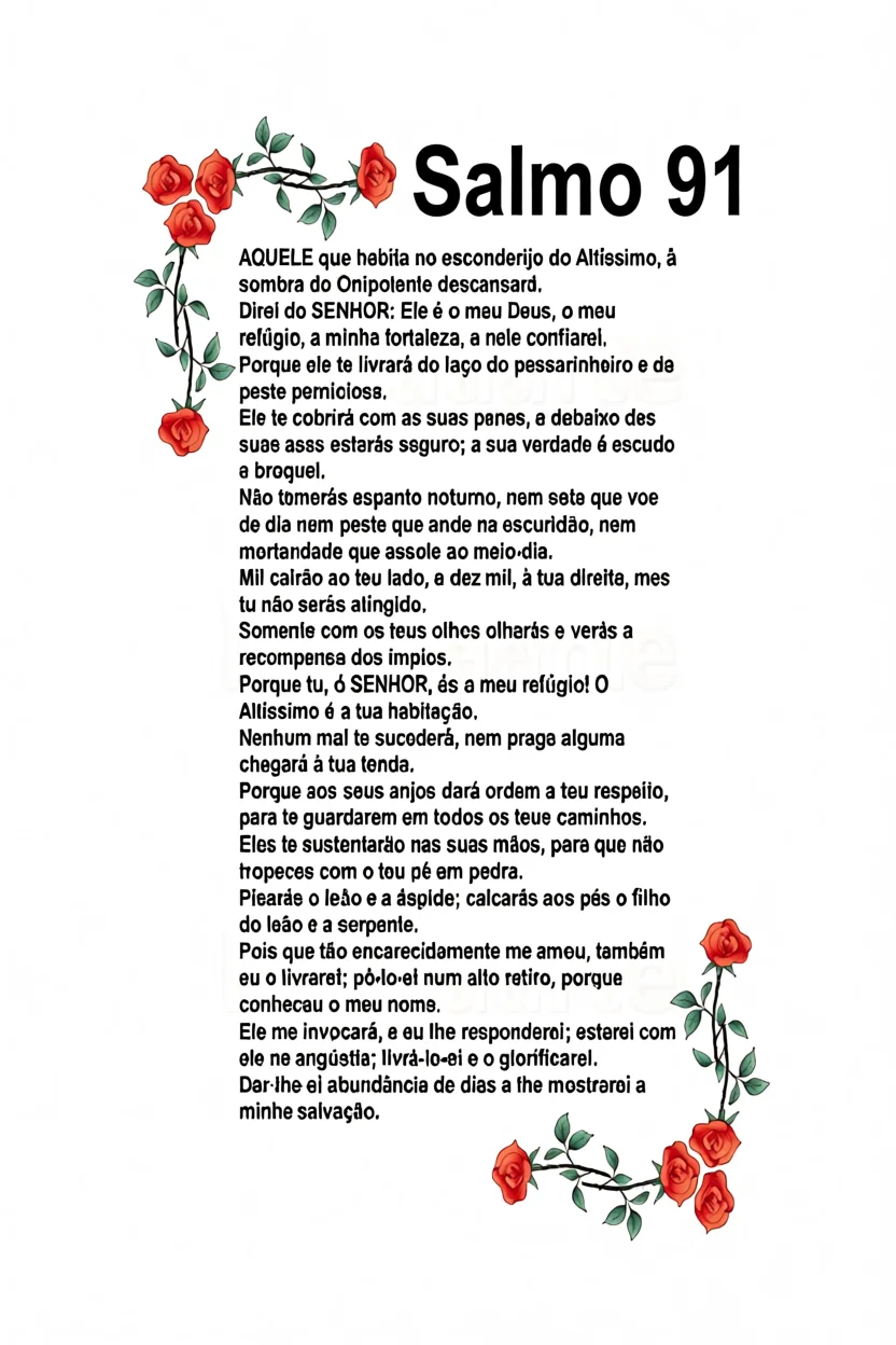 Salmo 91 Para Imprimir Completo com Rosas Vermelhas