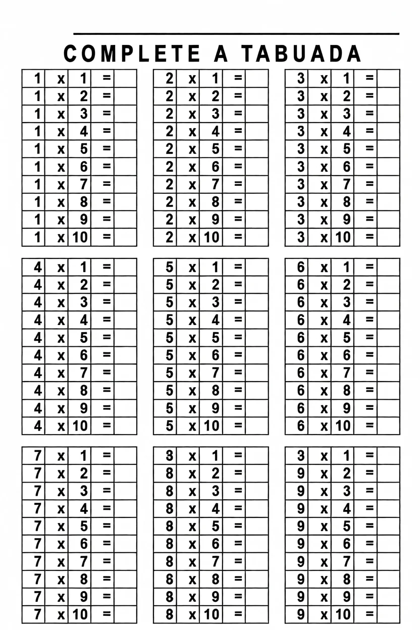 Tabuada Para Imprimir com Multiplicau00e7u00e3o, Adiu00e7u00e3o e Subtrau00e7u00e3o